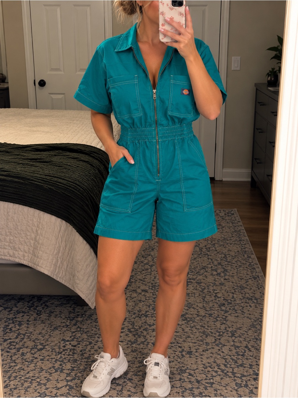 Dickies Teal Short-Sleeve Zip Front Utility Romper